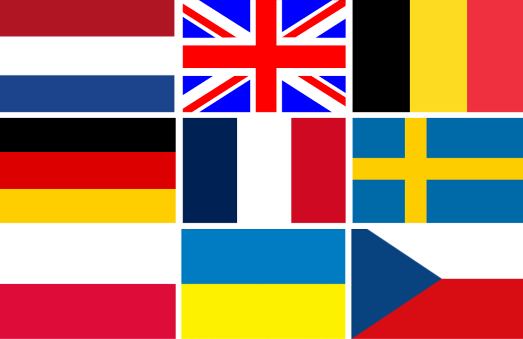 A collage of various national flags arranged in a grid format. The flags represented include the Netherlands (horizontal tricolor of red, white, and blue), the United Kingdom (Union Jack with red, white, and blue cross patterns), Belgium (vertical tricolor of black, yellow, and red), Germany (horizontal tricolor of black, red, and gold), France (vertical tricolor of blue, white, and red), Sweden (blue with a yellow cross), Ukraine (horizontal bicolor of blue and yellow), and the Czech Republic (two horizontal bands of white and red with a blue triangle extending from the hoist side). The overall impression conveys a sense of international diversity and unity.